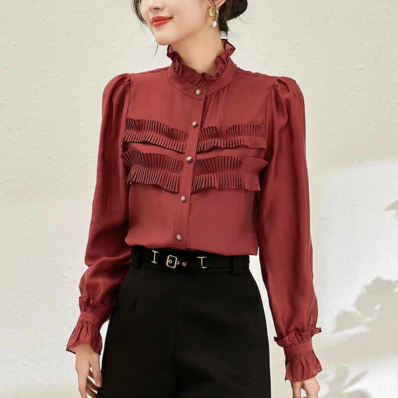 

Elegant Fashion Shirts And Blouses For Women 2024 Spring Stand Collar Women's Vintage Blouse Long Sleeve Office Lady Shirt Tops