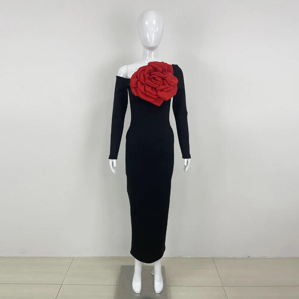 Abito lungo da donna a maniche lunghe con spalle scoperte sexy nero Abito elegante Abito da sera per celebrità Abito da ballo attillato con grande fiore rosso