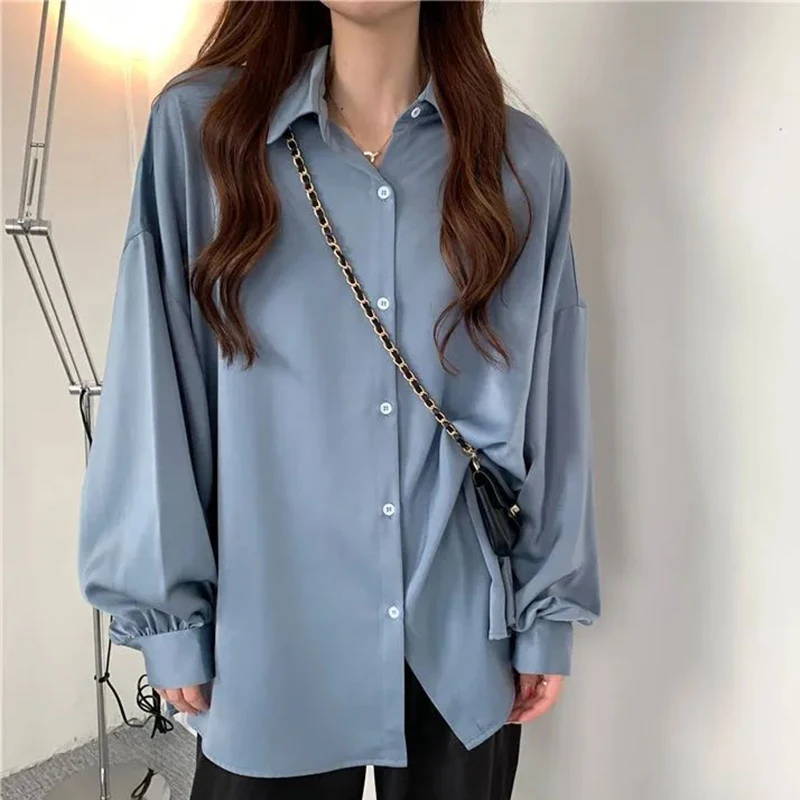 Blue shirts women casual retro loose long sleeve thin tops Korean all match fashion office ladies preppy style solid blouse