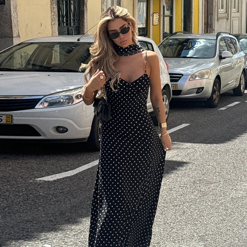فساتين أنيقة جديدة الصيف البولكا نقطة موضة مزاجه مثير الشارع نمط Vestidos عارية الذراعين الحمالات الخامس الرقبة ملابس امرأة