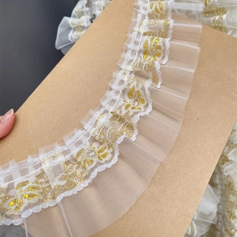 HOT Double gold thread embroidered pleated lace fabric DIY girls skirt dress curtain home textile sofa cover sewing material