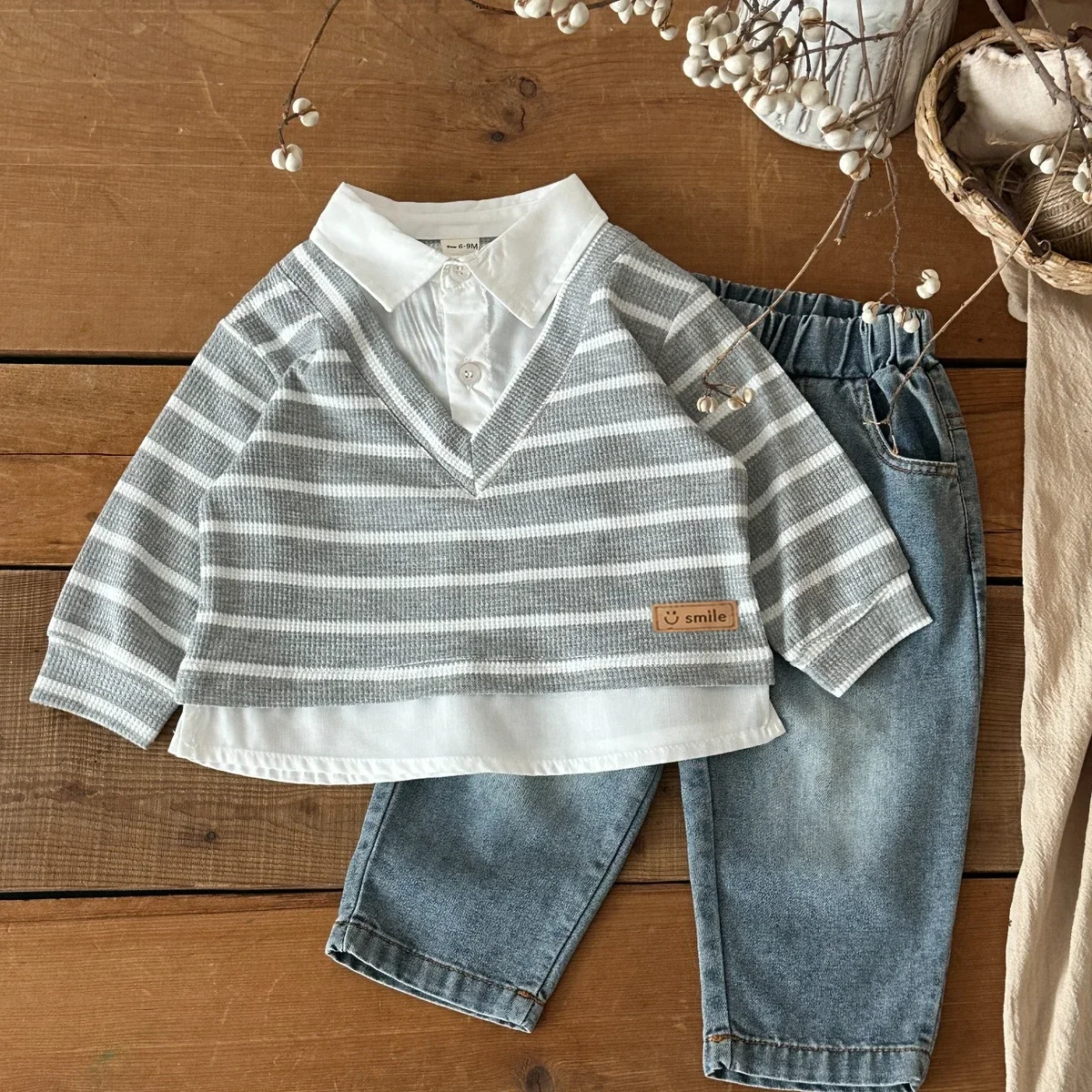 Toddler Boys Girls 2 Piece Clothing Set Fake Layer Stripe Shirt & Denim Trousers Baby Spring Casual Outfit