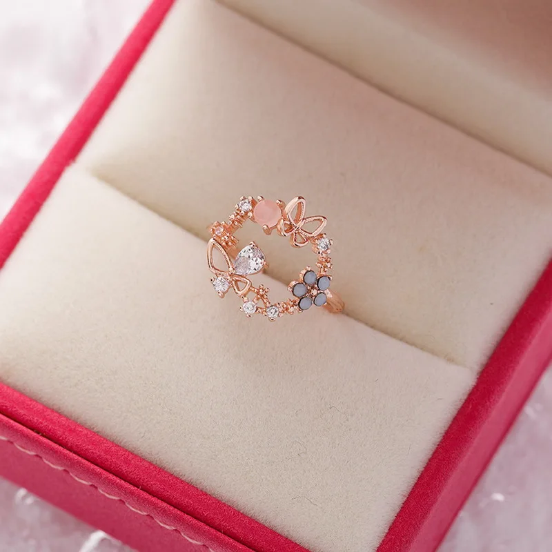 Zarte Kristall-Zirkon-Ringe für Frauen, süße Blume, Blatt, Schmetterling, verstellbare offene Ringe, Hochzeit, Verlobung, Schmuck, Geschenk – Detail 16