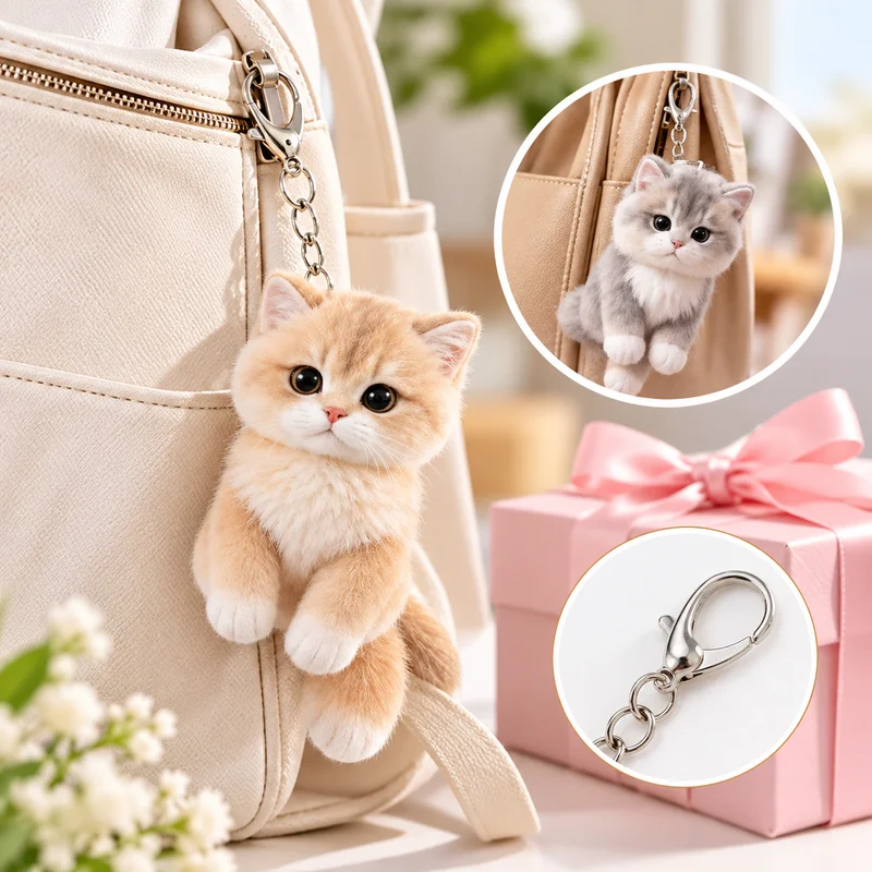 Realistic Golden Shaded British Shorthair Kitten Plush Keychain Soft Short Plush Bag Charm Metal Clip Pendant Cat Keyring Gift