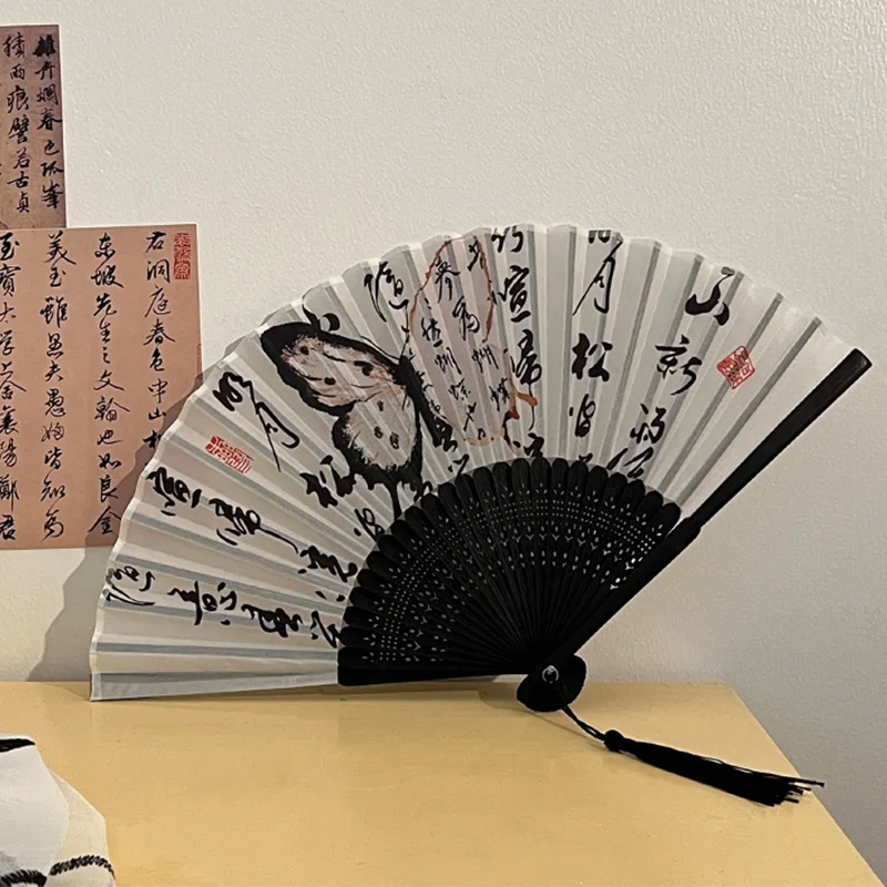 Chinese Style Ink Painting Folding Fan Summer Cooling Wood Handheld Fans Antique Printed Scenery Calligraphy Portable Dance Fan