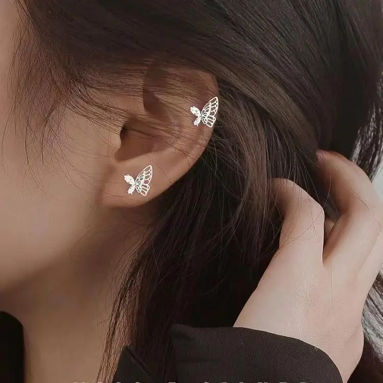 925 Silver Needles Ear Piercing Zircon Moon Butterfly Flower Gold Color Stud Earrings for Women Sweet Fashion Girl Jewelry Gift