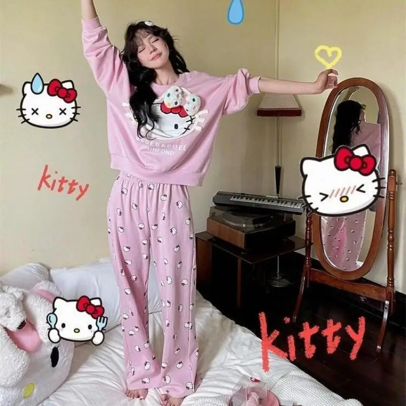 Cute Cartoon Hello Kitty Print Pajamas Women Spring Autumn Long Sleeve Pants Home Clothes Comfortable Loungewear Nightwear Set