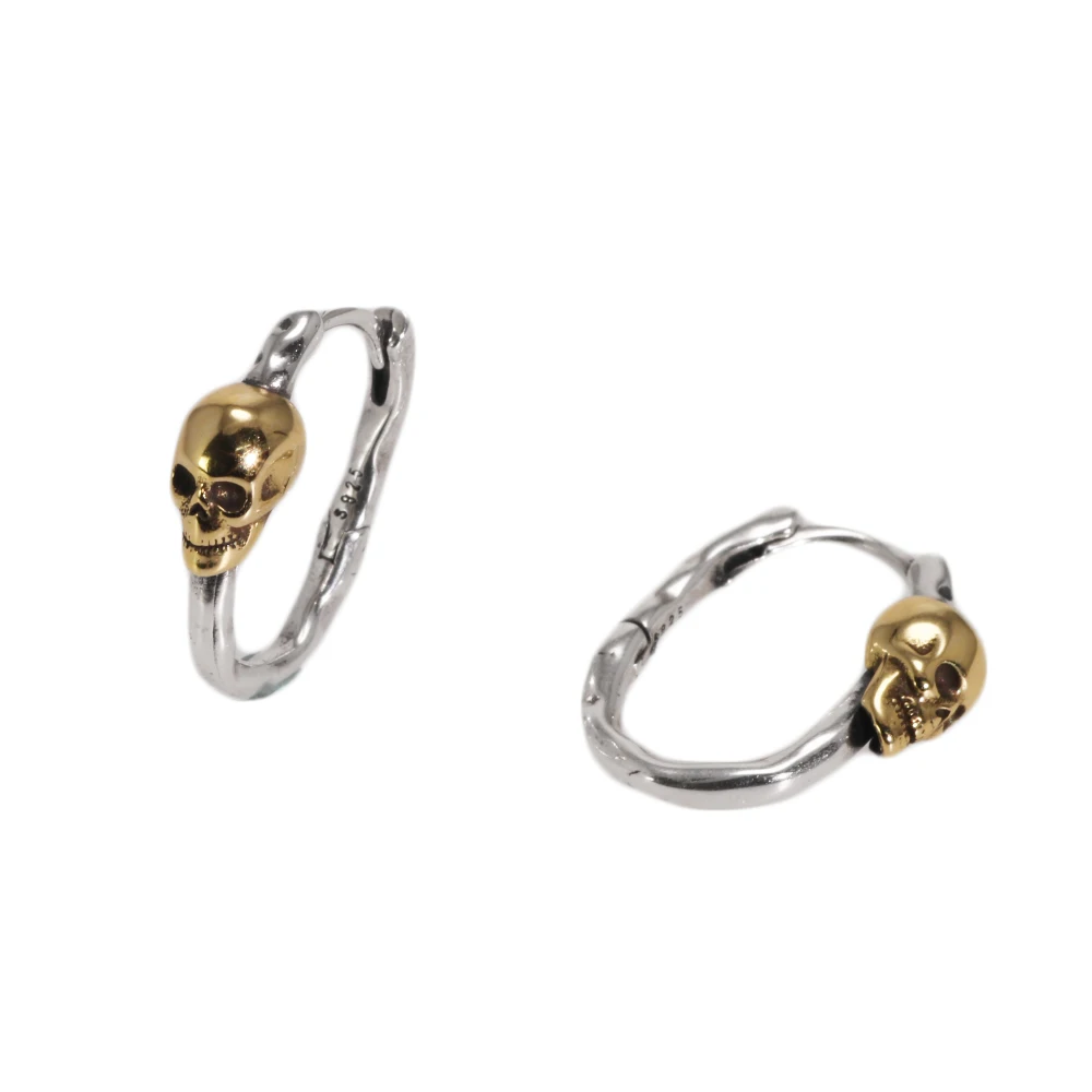 Orecchini a cerchio placcati oro con teschio in argento Sterling S925 orecchini Punk Vintage gioielli da uomo e da donna