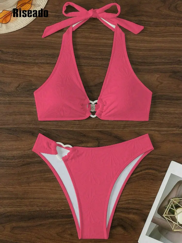 Risedo Set Bikini Halter baju renang untuk wanita seksi dua potong pakaian renang 2024 desain hati Biquini pakaian renang pantai merah muda