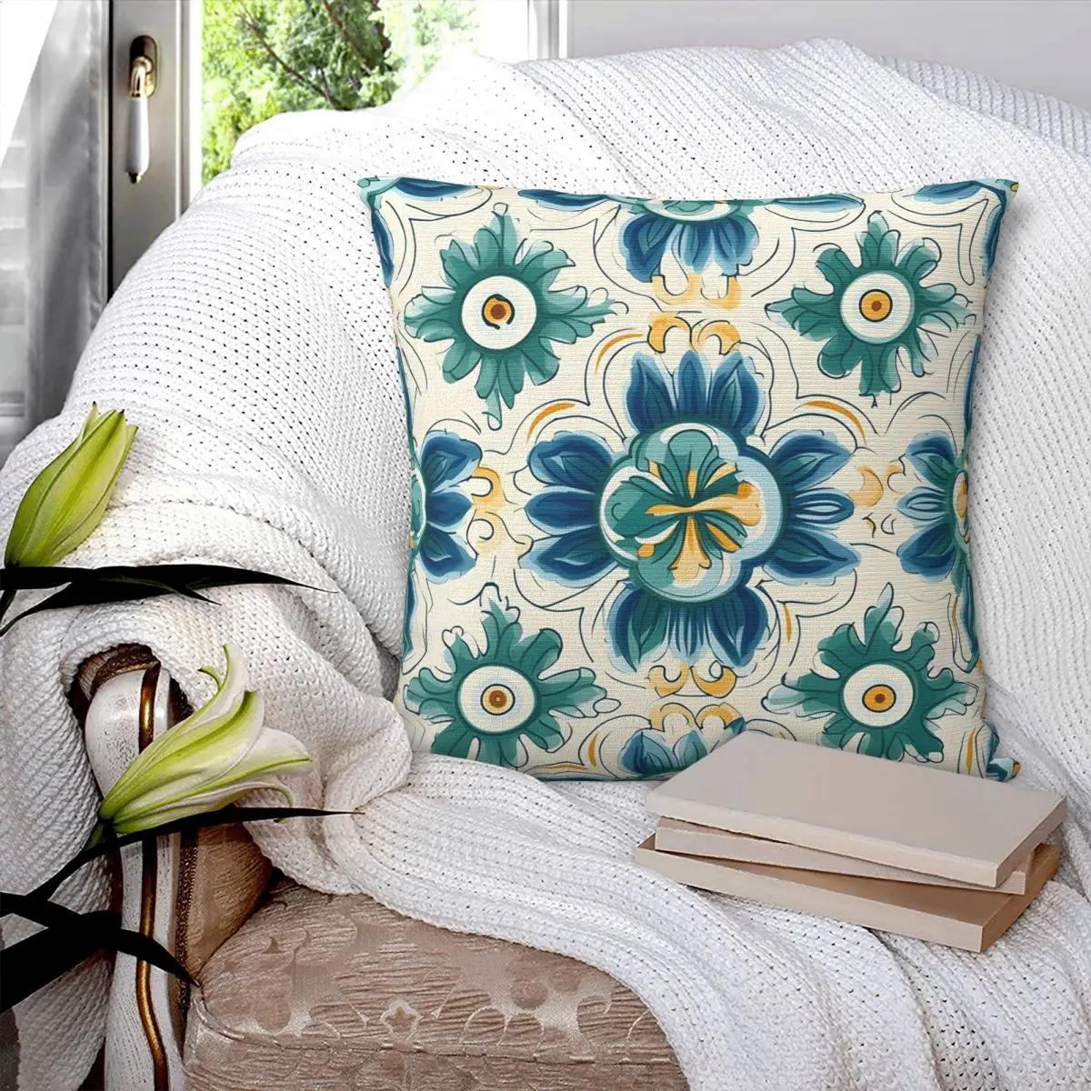 Green Ornate Floral Mediterranean Sicilian Tile Square Pillowcase Cushion Cover Pillow Case Throw Pillow Cover for Home Living
