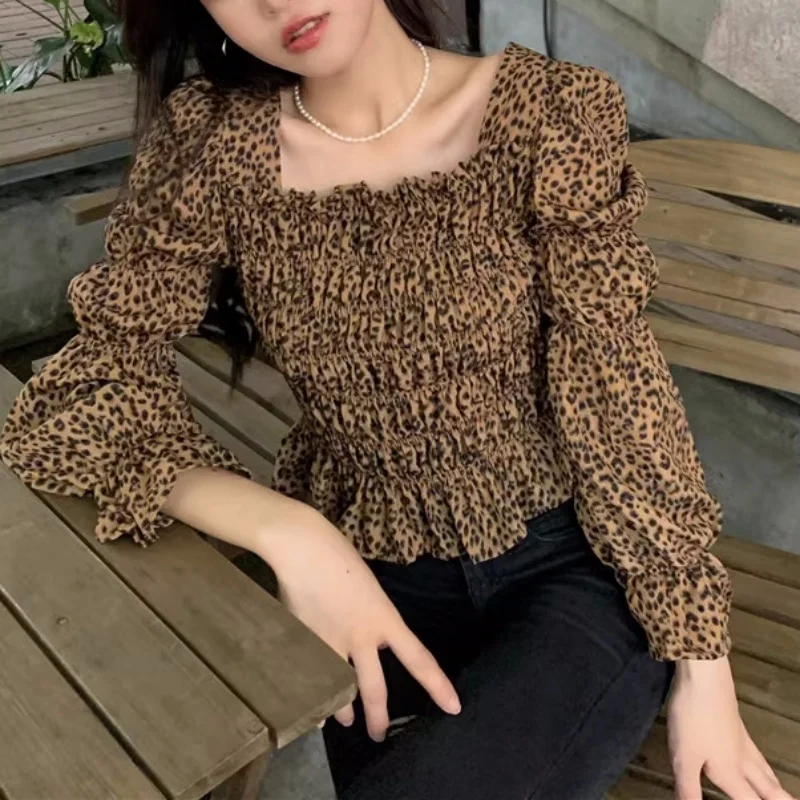 Leopard Print Women Blouse Fashion Elegant Square Neck Shirts Autumn Short Tops Long Sleeve Casual Clothing