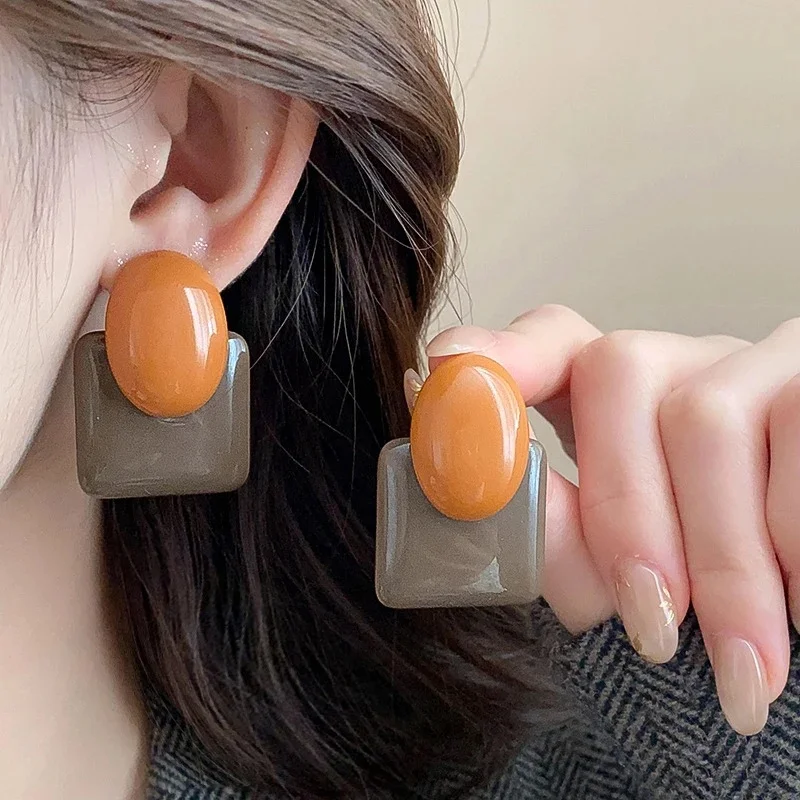 Vintage Color Blocking Resin Geometric Stud Earrings Women Personality Big Square Earrings Female Fashion Ear Jewelry Party
