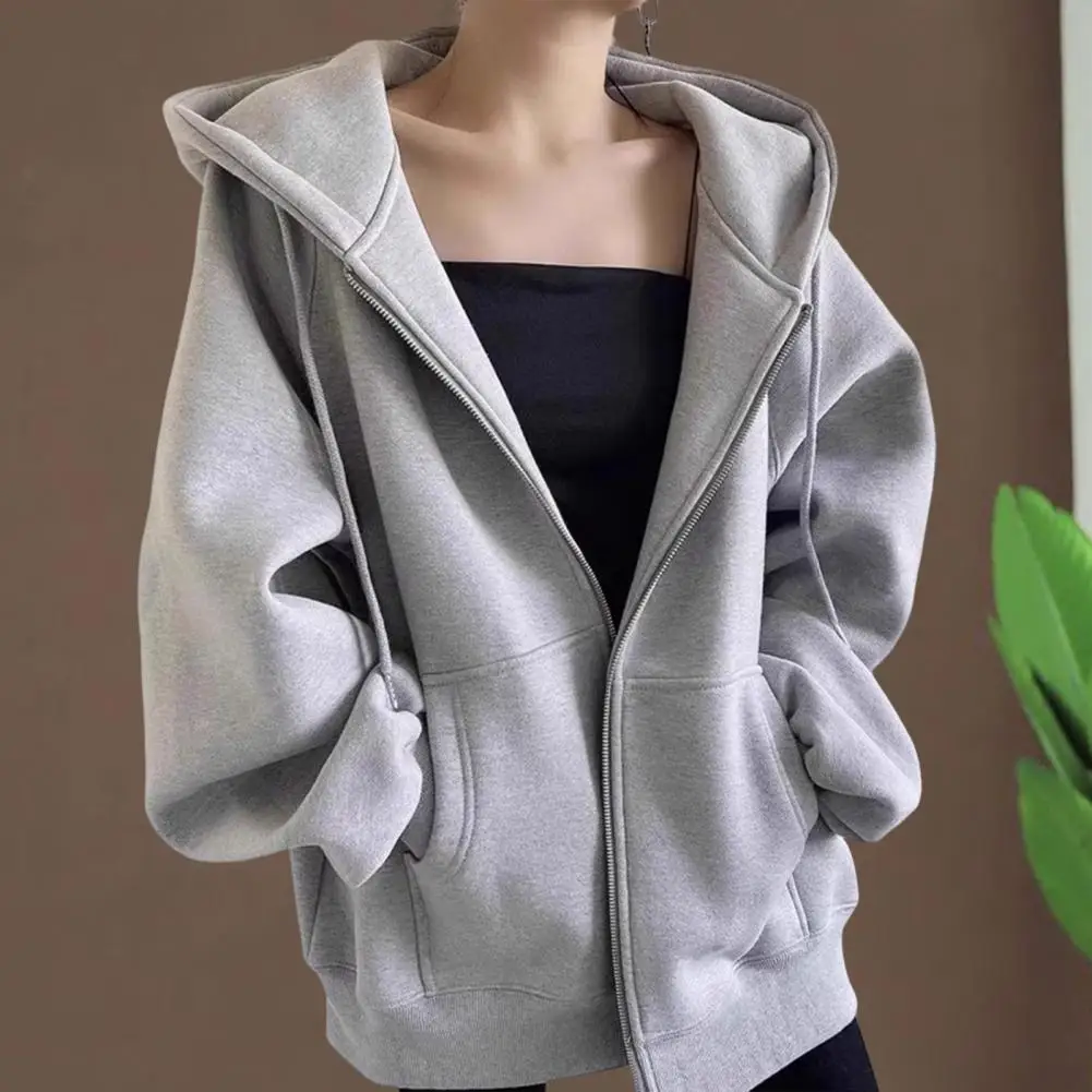 Women Loose Jacket Stylish Hooded Sport Jacket with Drawstring Pockets for Women Wear Coat with Elastic Cuff Hem Autumn Spring