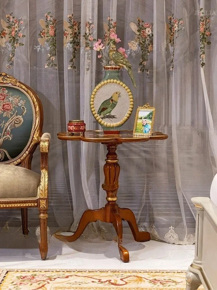 N European-Style Country Luxury Hand-Painted Solid Wood Carved Corner Table Wavy round Cherry Wood Leather Tea Table