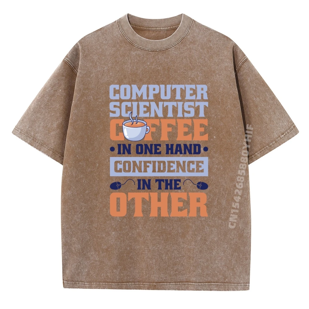 

Funny Coffee In One Hand Computer Graphic T-shirts Men Printed Cotton Man Tops & Tees Short Sleeve Tops Washed Shirts
