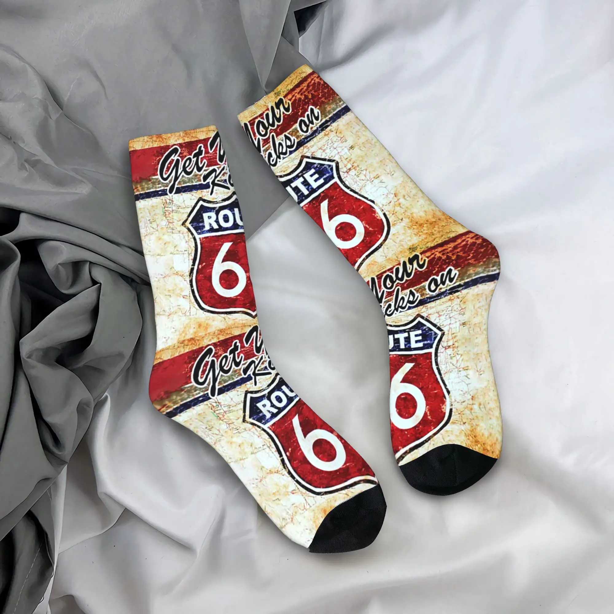 

Custom Fashion Vintage Route 66 Socks Men Women Warm 3D Printed American Road Sports Basketball Socks