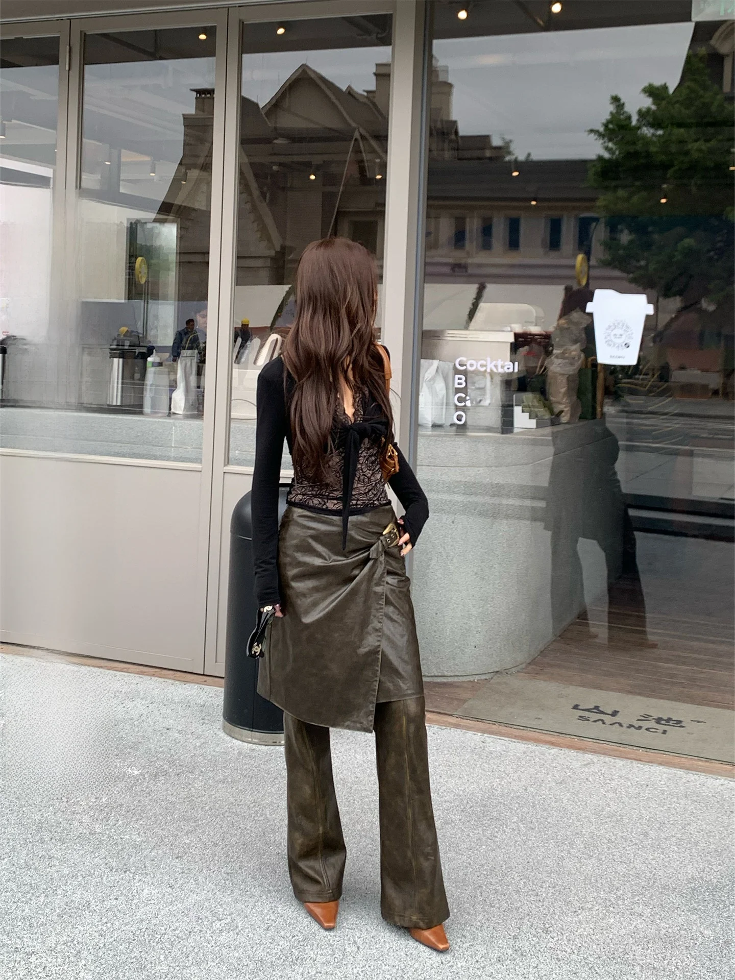 

Retro Color Rub Design PU Leather Pants And Skirt Set Women's f Skirt Two-Piece Suite Overlap Wear Casual Flared Pants