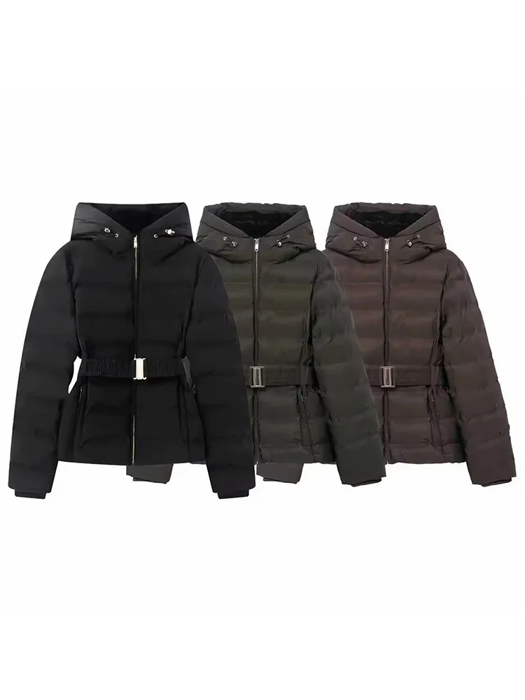 

Women New Fashion Women's Hooded Jacket Winter Simple Slim Waterproof Windproof Elastic Coat Waist Belt High Neck Zipper Outwear