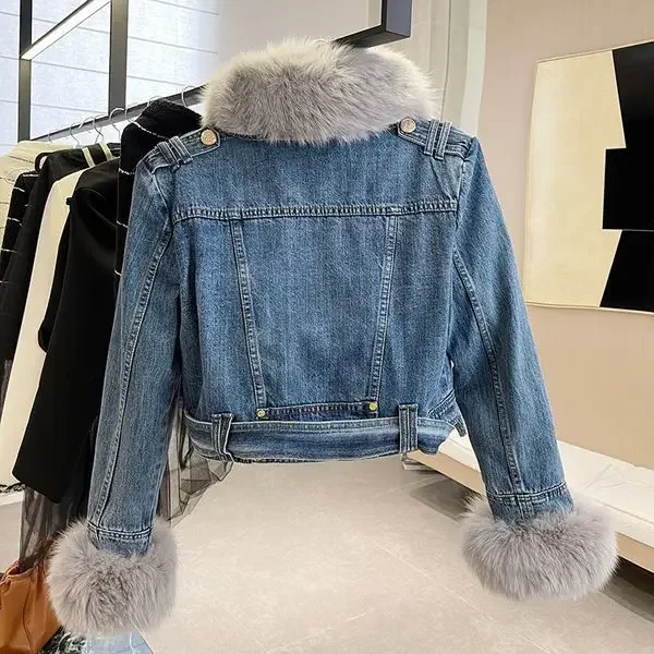 Denim Fur Long Sleeve Coat Women 2024 Winter Velvet Loose All-match Lace-up with Belt Jackets Korean Chic Lapel Female Parkas