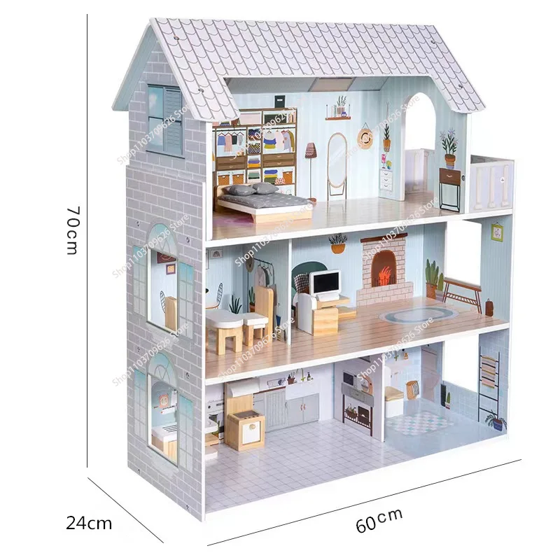 Wooden Three-story Villa Doll House Ins Nordic Simulation Big House Boys and Girls Birthday Gift House Toys