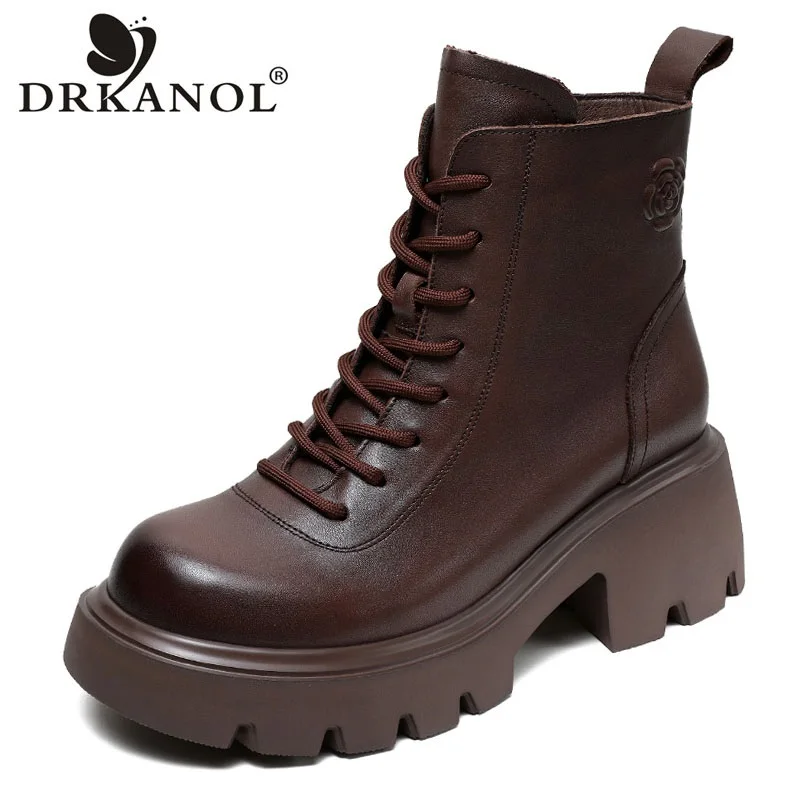 DRKANOL Luxury Design Genuine Leather Thick Sole boots Women 2024 Handmade Retro Thick High Heel Platform Warm Short Ankle Boots