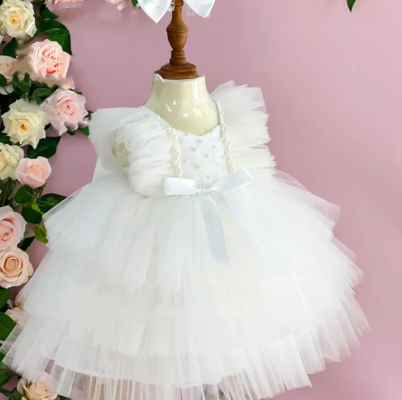 

Puffy Tiered Pink Tulle Flower Girl Dress for Wedding Birthday Party With Pearls Cute Bow Ball Gown Puffy First Communion Dress