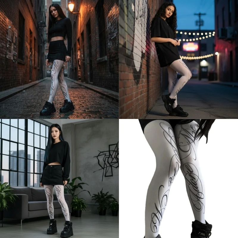 Letter Printed Tights for Women Opaque Footed Tights Stretch High Waist Pantyhose Control Top Tights Thigh High Socks