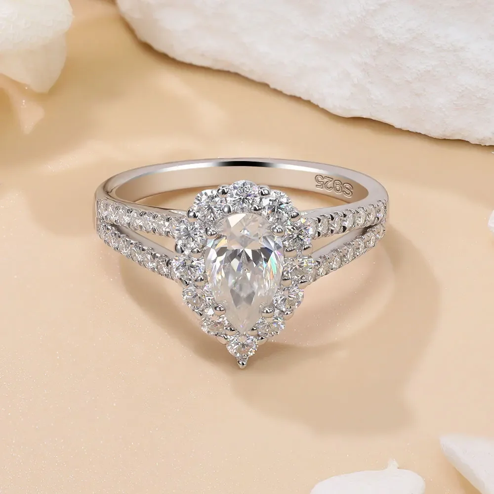 LinkerLove S925 Silver 1CT Pear Cut Moissanite Engagement Ring for Women Double Halo Split Shank Diamond Wedding Promise Ring