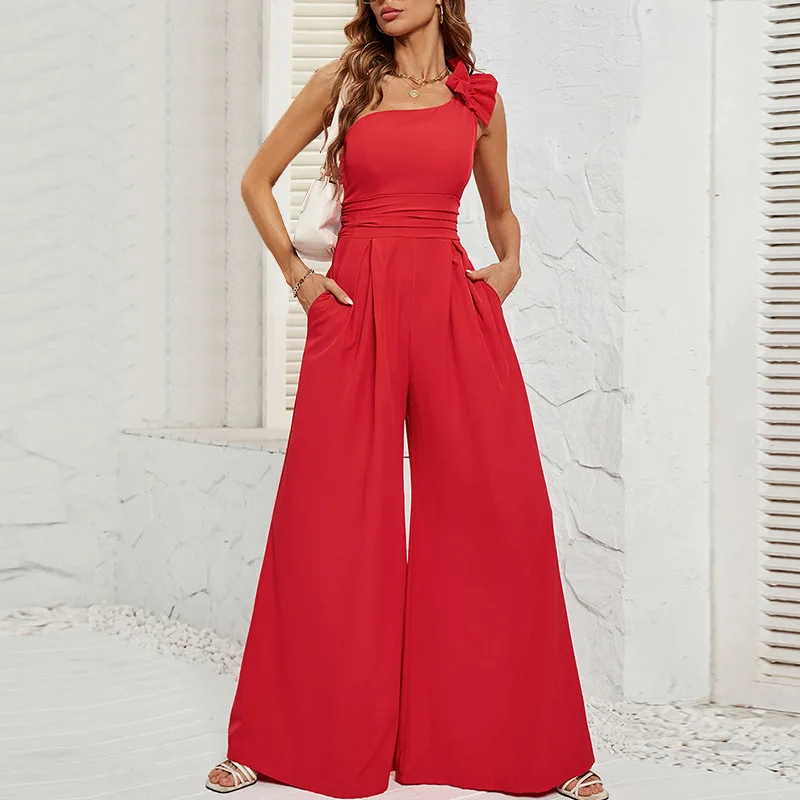 

Women's summer sleeveless diagonal collar high-waisted cargo commuter wide-leg pants women