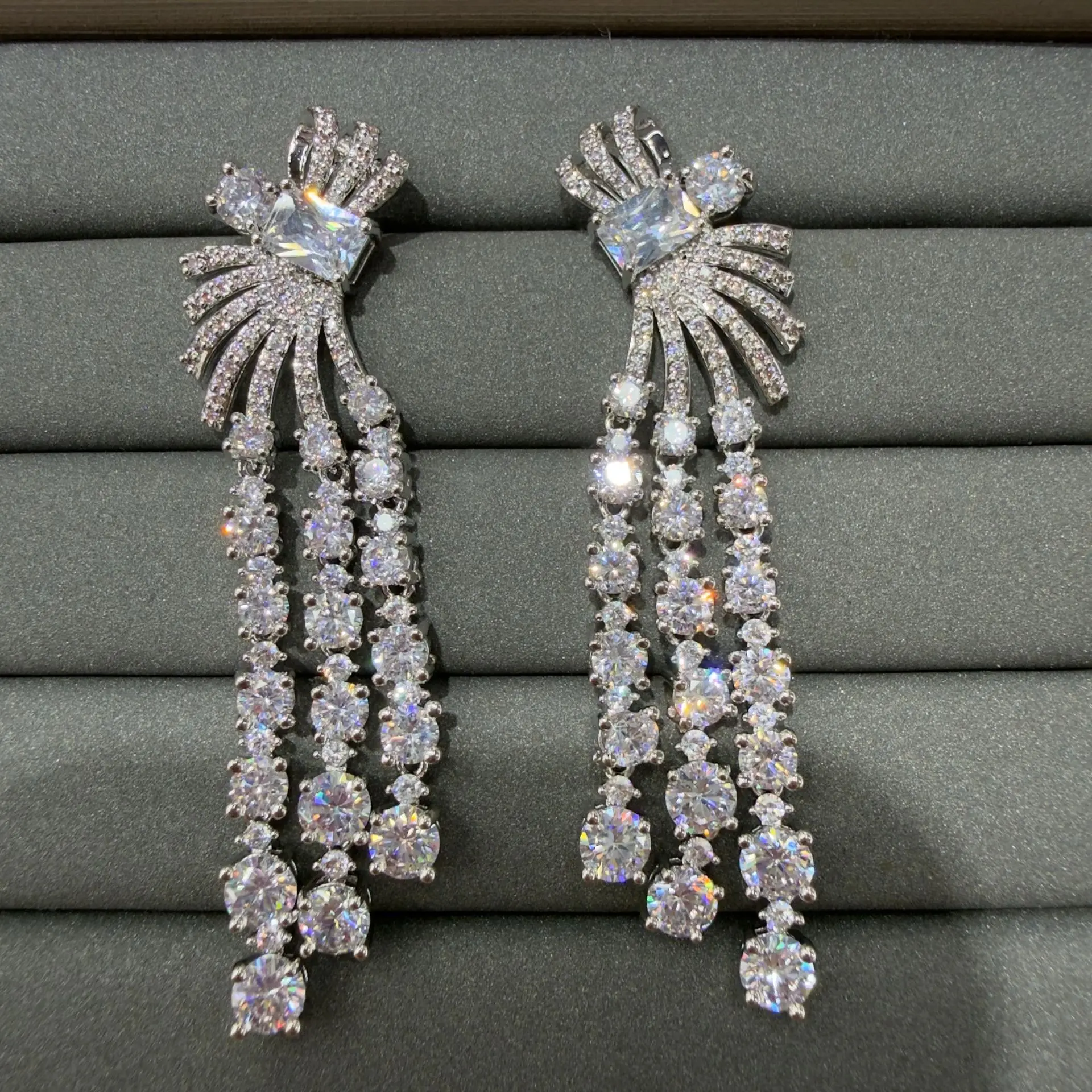 Luxury Long Tassel CZ Drop Earrings Multi Layer Sparkling Crystal Dangling Earrings Formal Evening Party Jewelry for Women