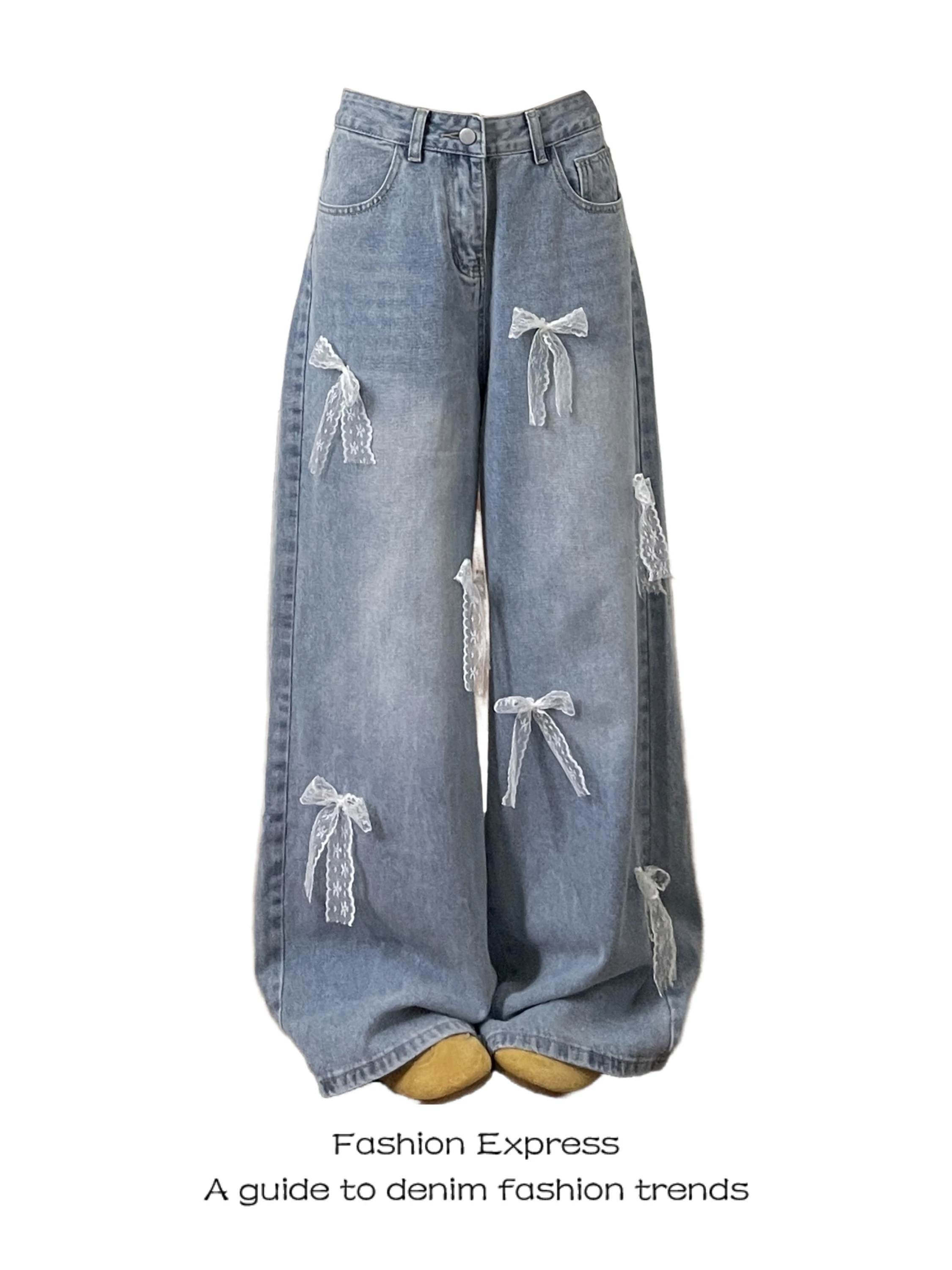 

Women's High Waist Straight Leg Jeans Knot Wide Leg Pants Casual Washed Denim Blue Spring Autumn Wear Resistant