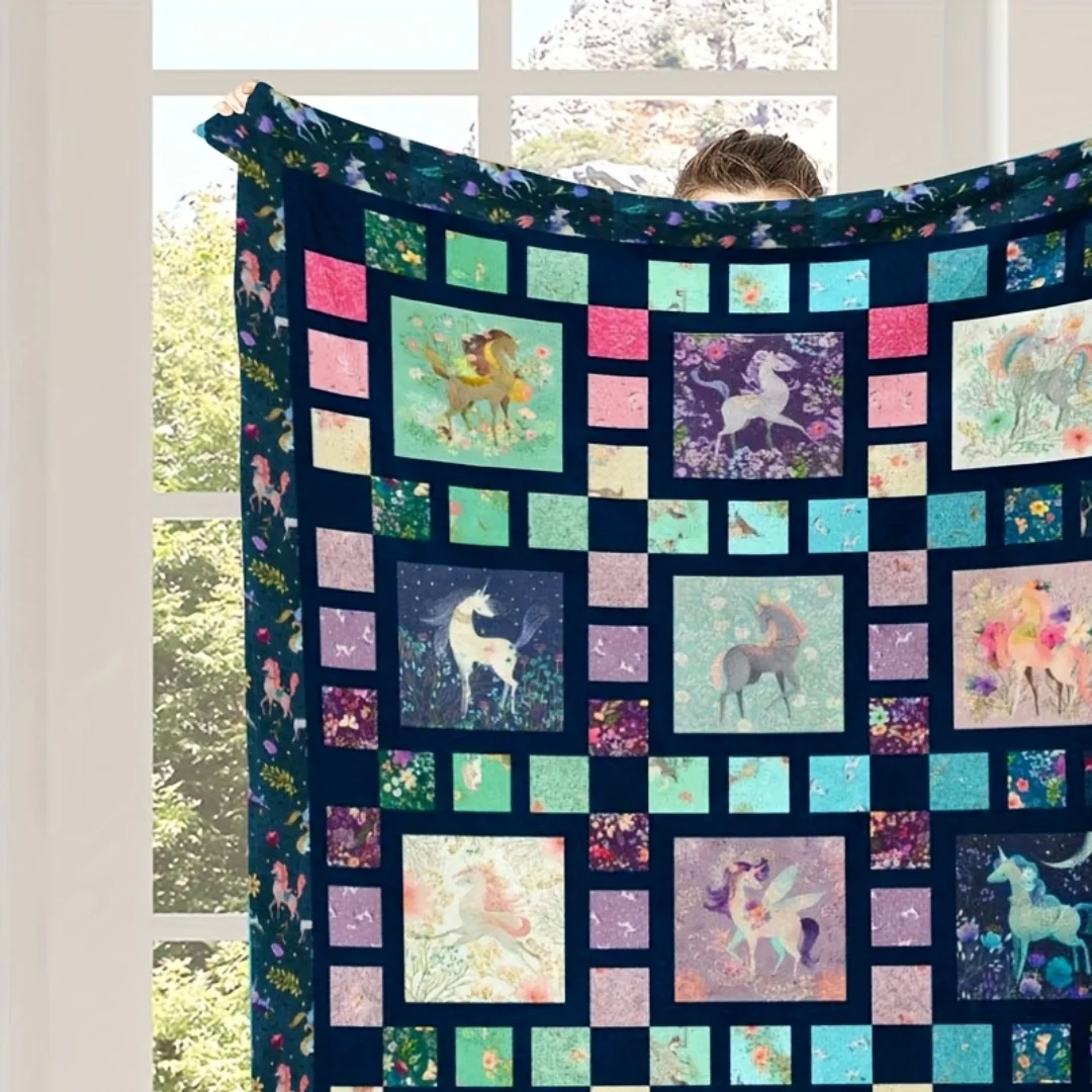 Koc pluszowy z wzorem jednorożca, koc z nadrukiem plemiennym w stylu południowo-zachodnim – wytrzymała tkanina odporna na mechacenie