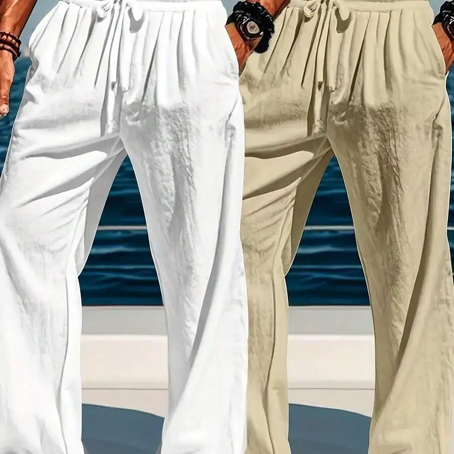2pcs Mens Lightweight Linen Wide-Leg Drawstring Pants For Summer Beach And Leisure Wear, Machine Washable Solid Color