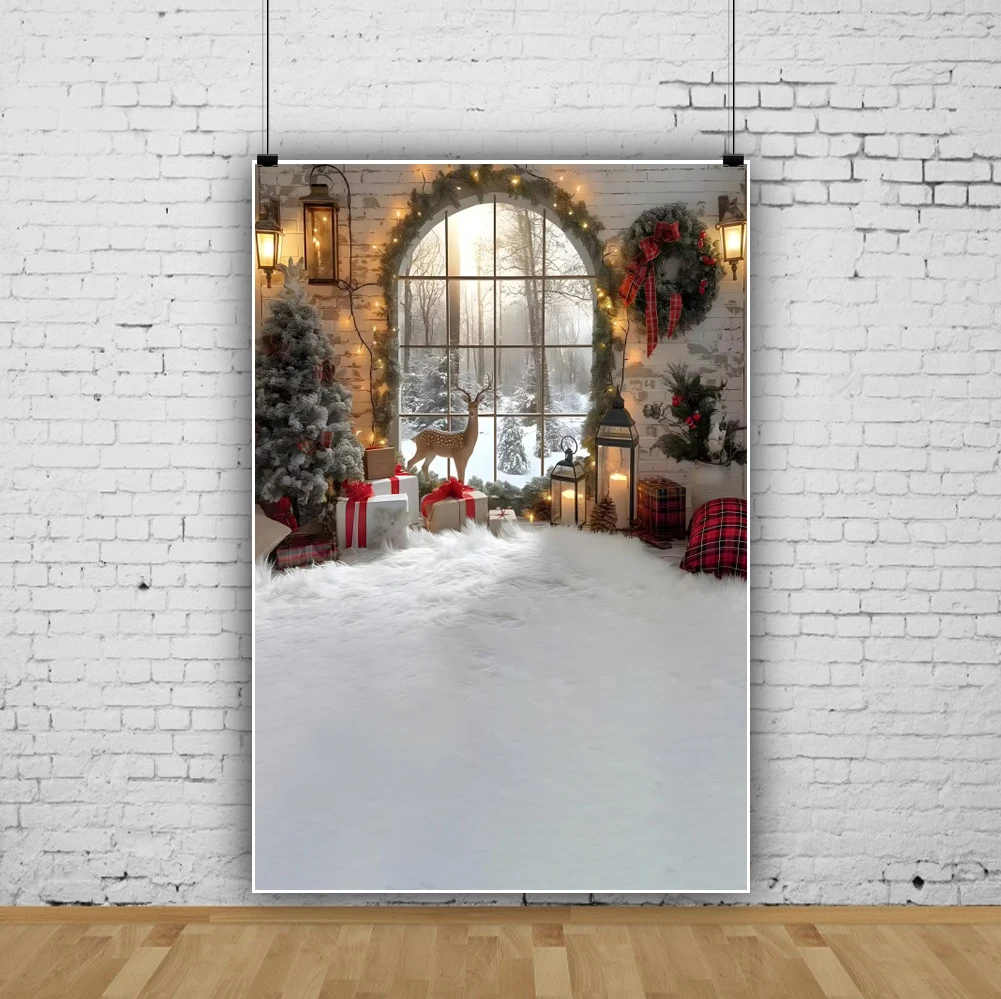 Christmas Photography Backdrop Xmas Tree Garlands Elk Brick Wall Window Snow Scene Kids Family Portrait Photo Background Props