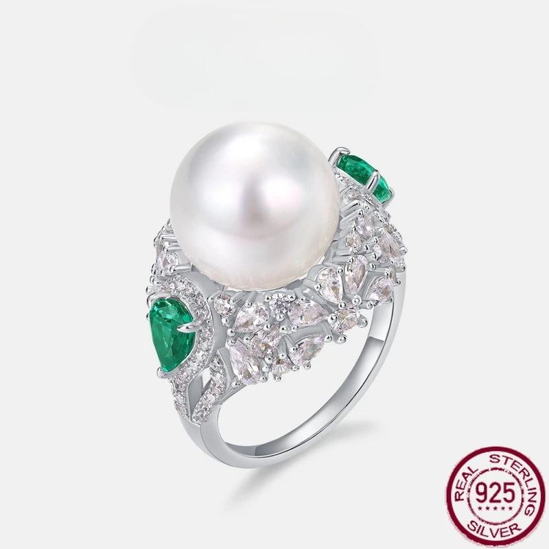 

New 925 Pure Silver White Bead Grandmother Green Color Treasure Finger Ring Light Luxury Retro Noble temperament Wedding Jewelry