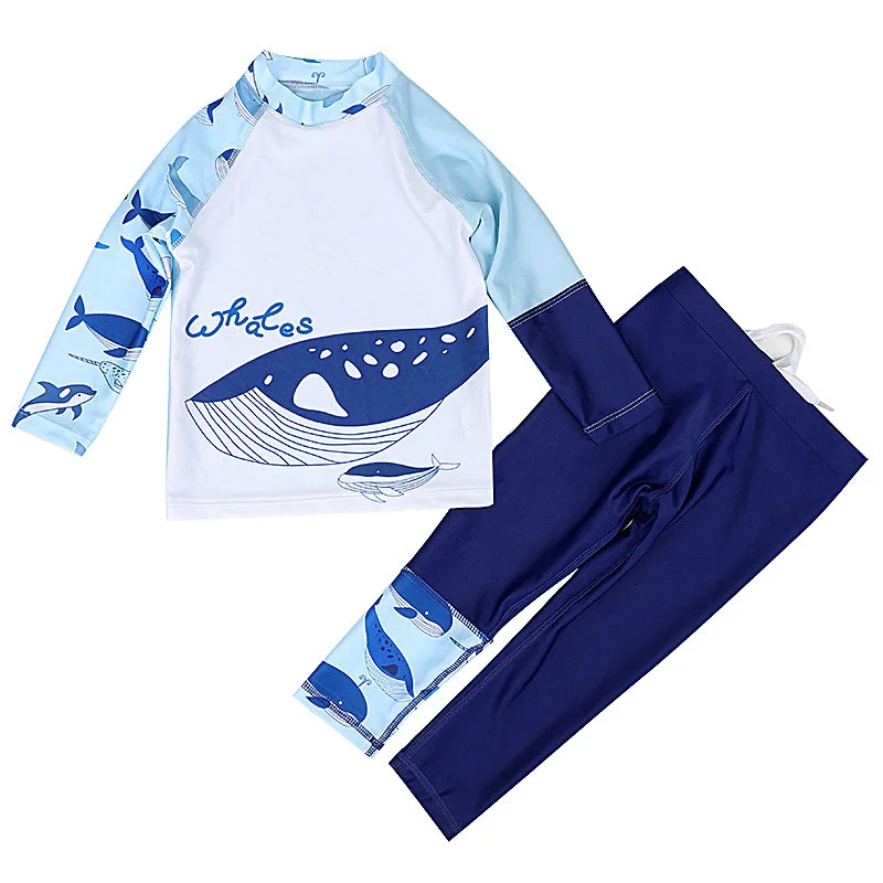 Boy Two Pieces Suit Swimsuit 2-9 Year Children Long Sleeve Whale Print Swimwear 2023 Kid Cartoon Beachwear Bathing Suit