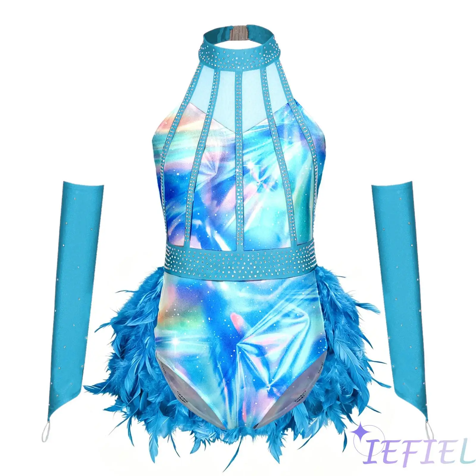 Girls Halter Neck Sleeveless Patchwork Sparkling Rhinestones Faux Feather Bodysuit Jumpsuit with Oversleeves for Jazz Dance Wear