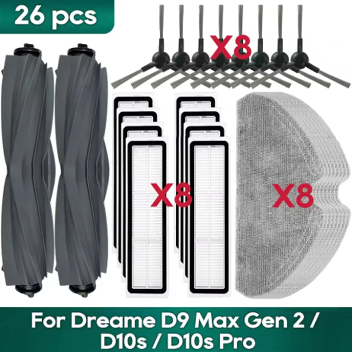 Dreame D9 Max Gen 2 D10s Pro 용 브러시 필터 및 걸레 천 키트, 진공 청소기 액세서리 교체 부품, 26PCs