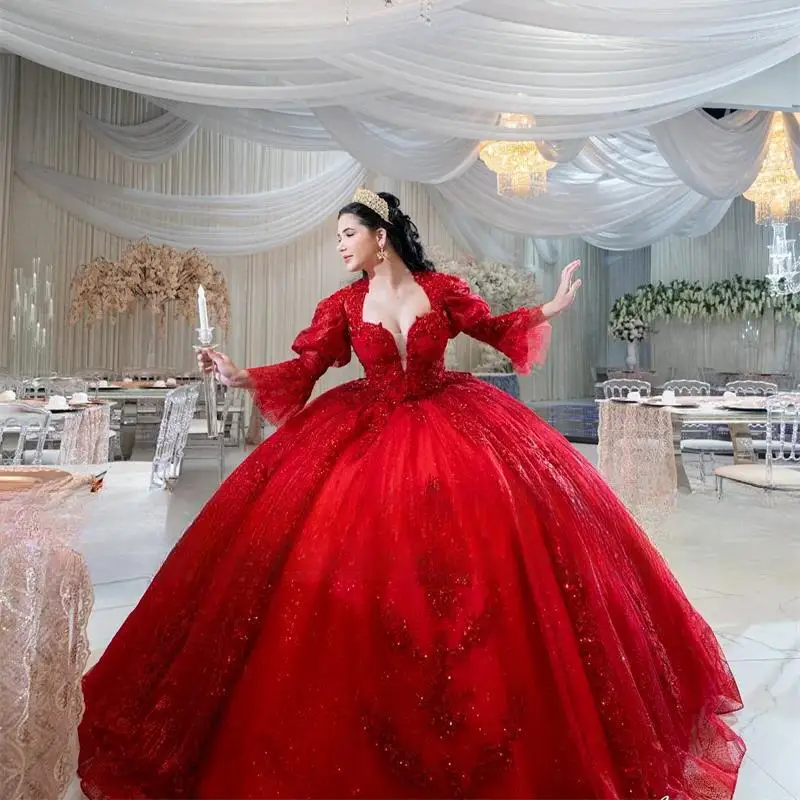 

rincess Red Quinceanera Dress Ball Gown 2024 Lace Applique Beading With Long Sleeves Mexican Sweet 16 Dress Vestidos De 15 Años