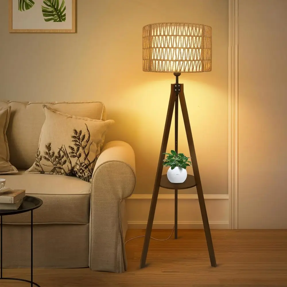 

Boho Tripod Floor Lamp with Shelves, Mid Century Wood Standing Lamp with Rattan & Fabric Shades, Modern Farmhouse