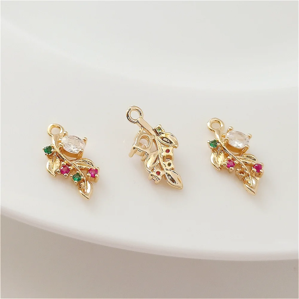 New 14K Copper-clad Gold Inlaid with Colorful Zircon Tree Branches and Leaves Pendant, Handmade DIY Accessories and Accessories