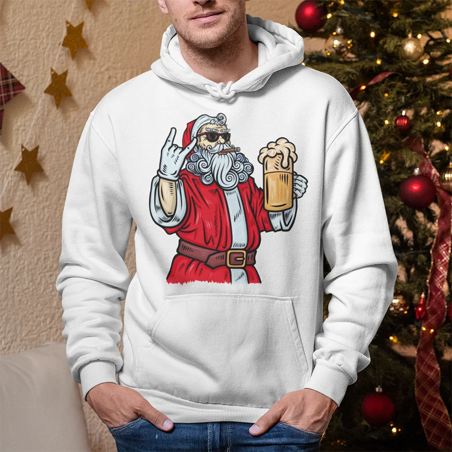 Bad Santa Claus, Rock with beer while smoking Cigar Funny xmas merry christmas gift hoodies & sweatshirts mens designer clothes