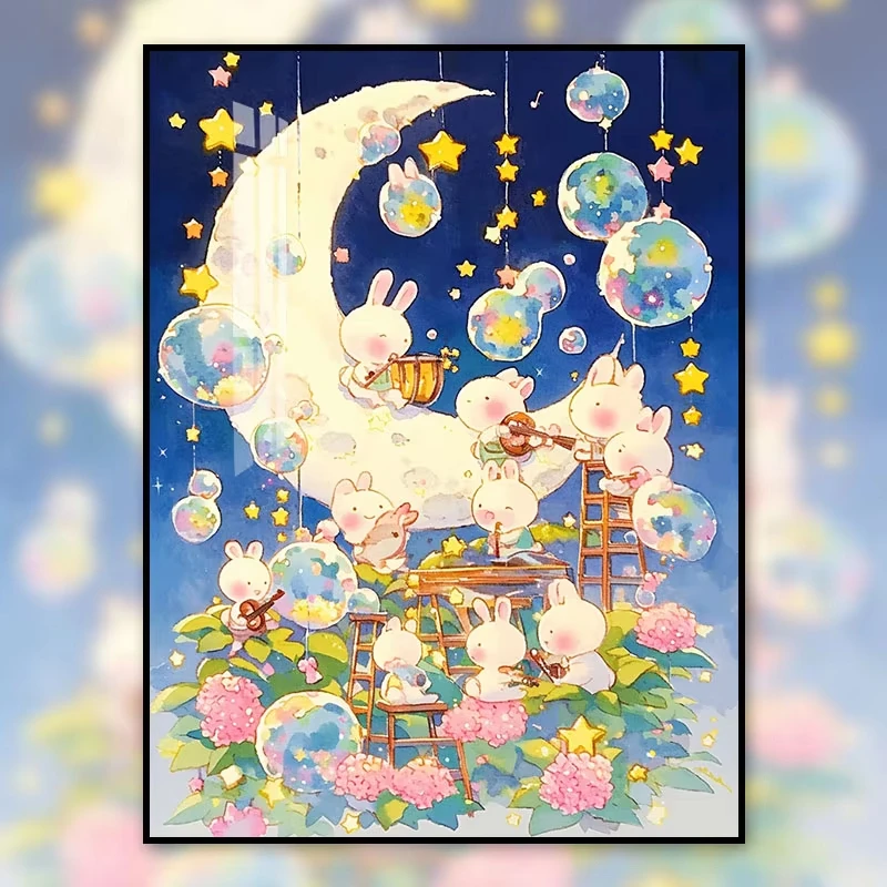 5D DIY Diamantmalerei-Set Cartoon-Kaninchen-Konzertszene Kunst Vollflächiges Strass-Mosaik Wanddekoration Geschenk für Erwachsene Rahmenlos