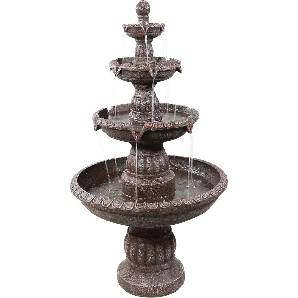 Mediterranean 49-Inch 4-Tiered Outdoor Water Fountain - Electric Submersible Pump - Fiberglass and Resin Light Brown