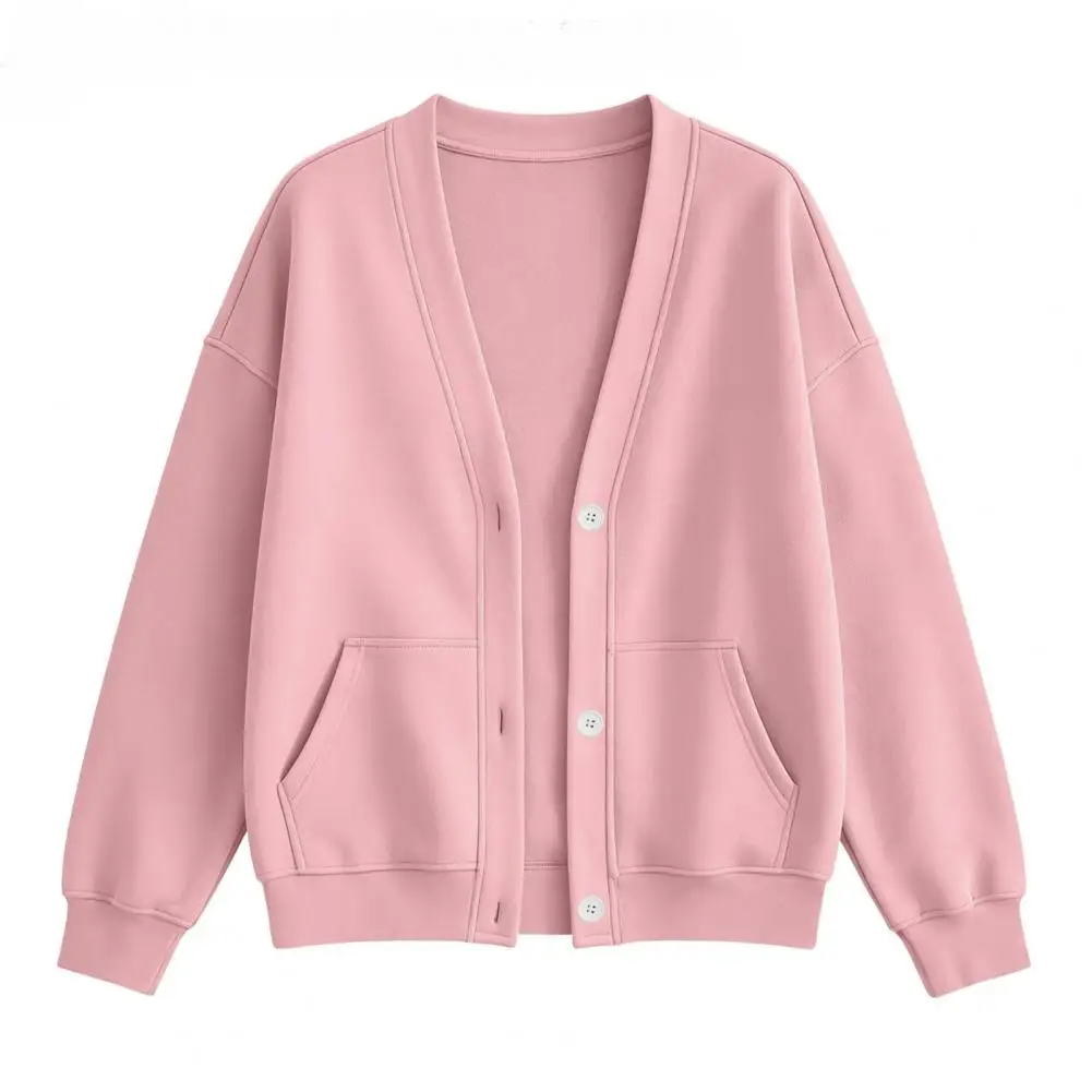 Women Button Front Cardigan Solid Color Oversized Sweatshirt with Dual Pockets Long Sleeve Casual Jacket for Fall Winter