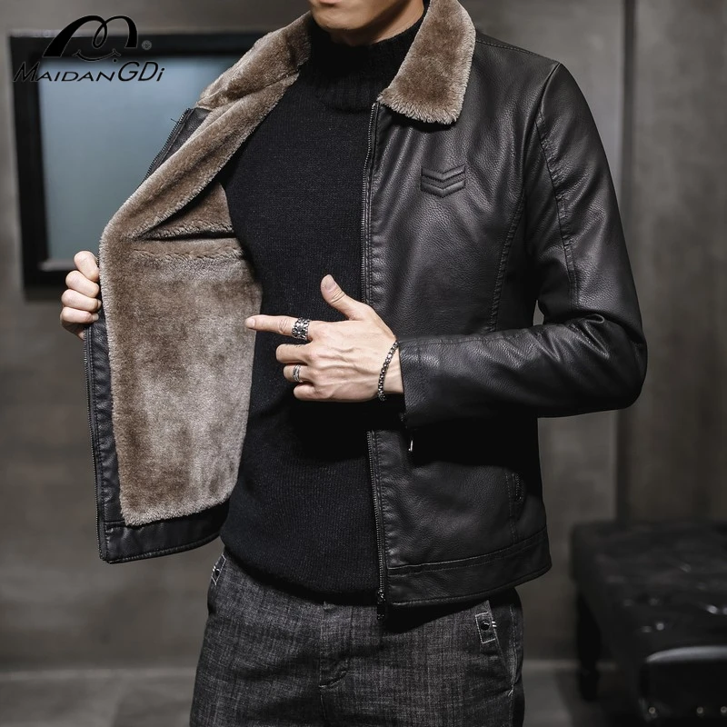 MAIDANGDI-chaqueta de cuero con cuello abatible para hombre, chaqueta de terciopelo grueso, ropa de moda, novedad de 2024