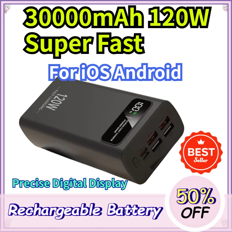 30000mAh Power Bank 120W Super Fast Charging True Capacity Digital Display 3C Certified Portable Battery for Phones