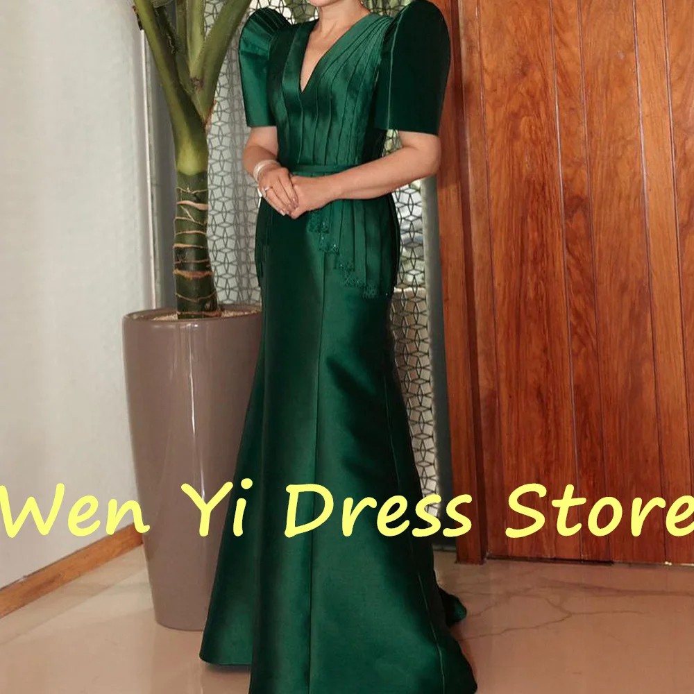 Straight V Neck Satin Short Sleeves Elegant Party Dresses Woman Floor Length Pleats Sweep Train Solid Green Quinceanera Gowns