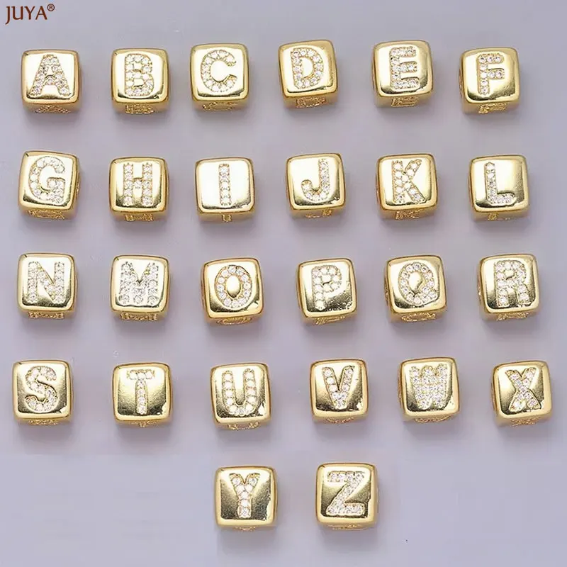 JUYA Copper Zirconia A-Z Letters Beads Cube Loose Spacer Beads For DIY Needlework Beaded Fashion Jewelry Making Accessories