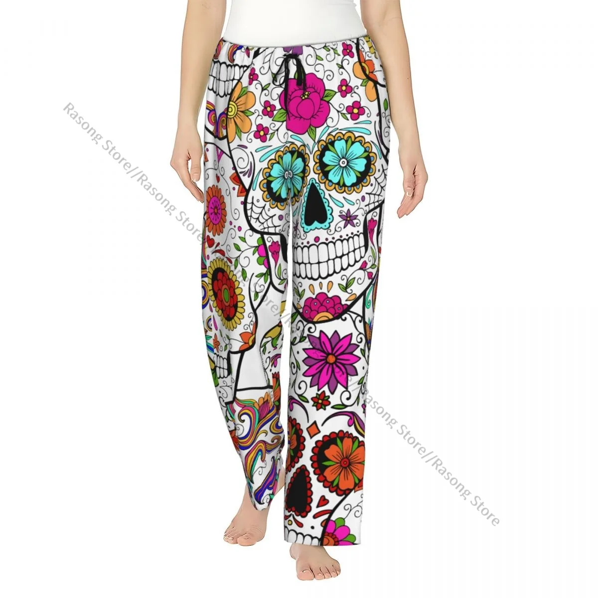 

Женские брюки для сна с абстрактным принтом сахарных черепов, теплые фланелевые брюки для отдыха для зимних ночей